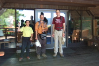 Stella, Frank, and Bill on the porch of the Sierra Club Hiker's Hut