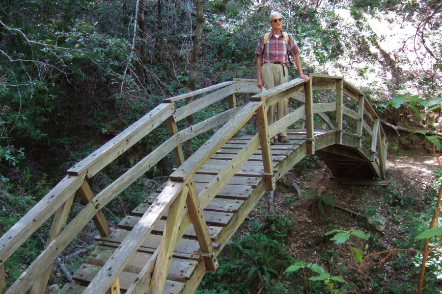 David stands atop the rickety arch bridge over a creek.
