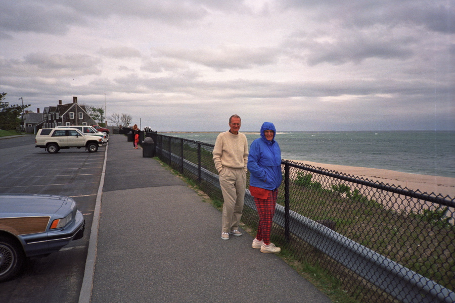 David and Pamela at the railing in front of the Coast Guard station.