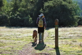 Kumba and David cross a meadow near the high point of the hike.