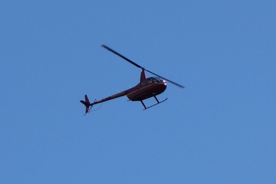A small helicopter flies over.