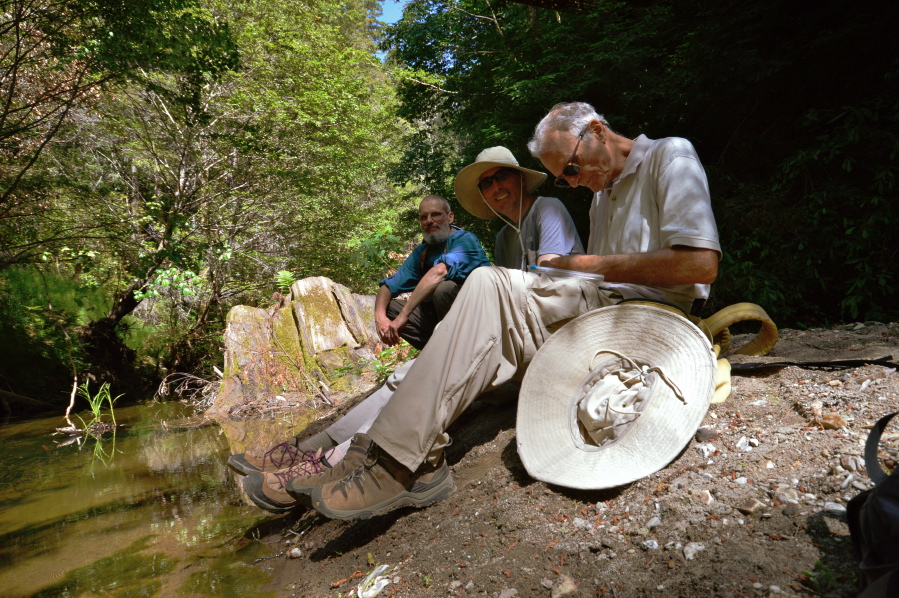 Frank, Bill, and David enjoy a break on the bank of Pescadero Creek