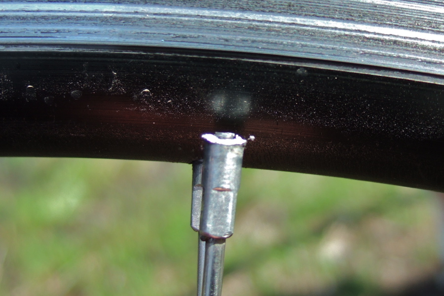Broken spoke nipple on a 24-spoke front wheel.