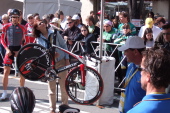 A Bissell rider gets his bike weighed.