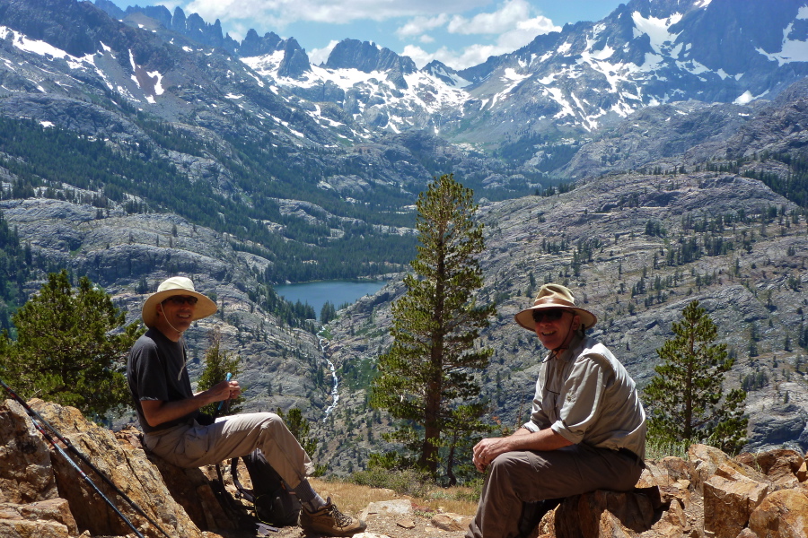 Bill and Brian enjoy the view of Shadow Lake and the Ritter Range behind.