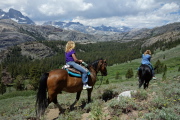 The horseback riders pass by.