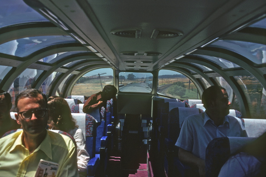 David (left) sits in the increasingly hot Dome Car.