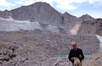David in front of Mt. Conness (12590ft) and its receding glacier.