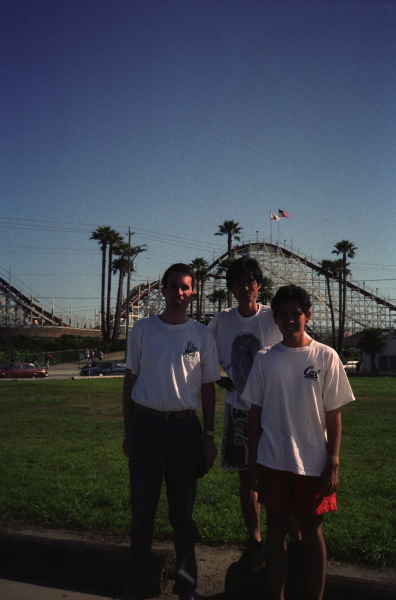 Bill, Kan Wu, and Anthony Noguera in front of the Giant Dipper.