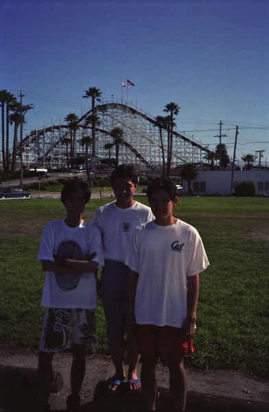 Kan Wu, Nahoya Takezawa, and Anthony Noguera in front of the Giant Dipper.