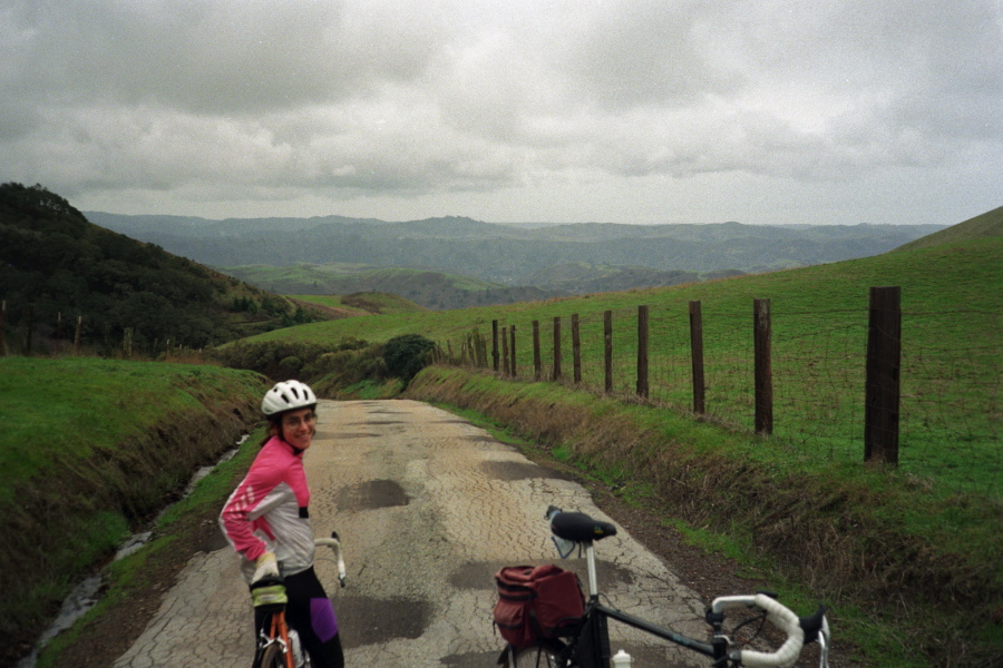 Stella at the top of the open section of Bear Gulch Rd. (west) on the preview ride