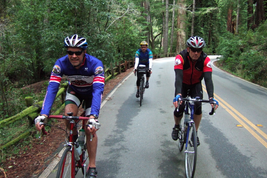 Mark, Jerome, and Glen ride through Big Basin Redwoods State Park.