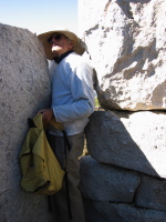 David squeezing through the crack in the wall on Cathedral Peak. (10720ft)