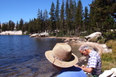 Ron and David enjoy lunch beside upper Cathedral Lake.
