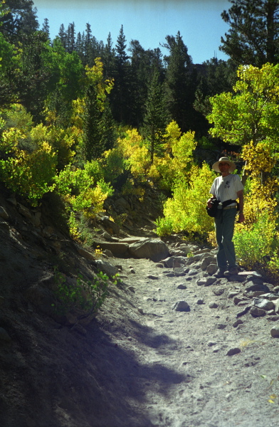 Bill hikes up the Bishop Pass Trail through changing aspens next to South Lake