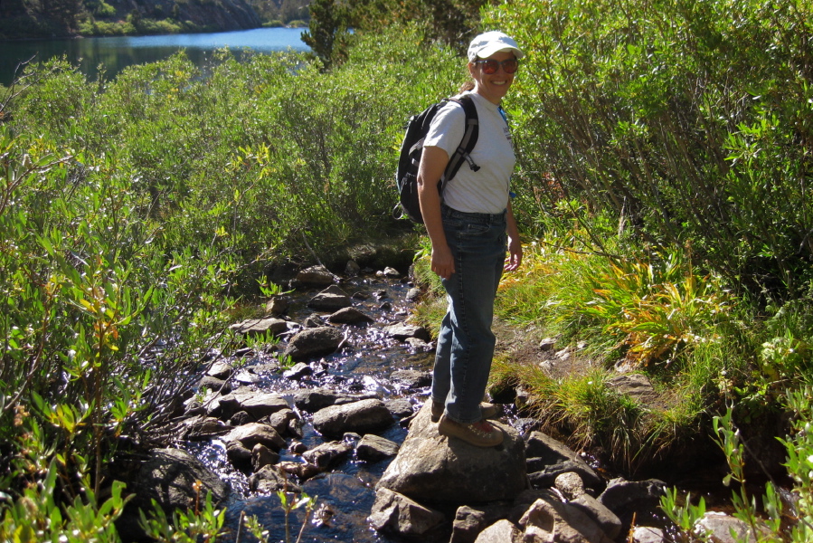 Stella crosses the stream flowing into Bull Lake.