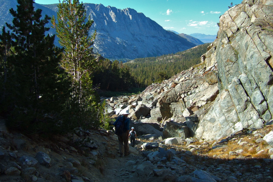 Frank and Stella descend from Bull Lake to the Bishop Pass trail.