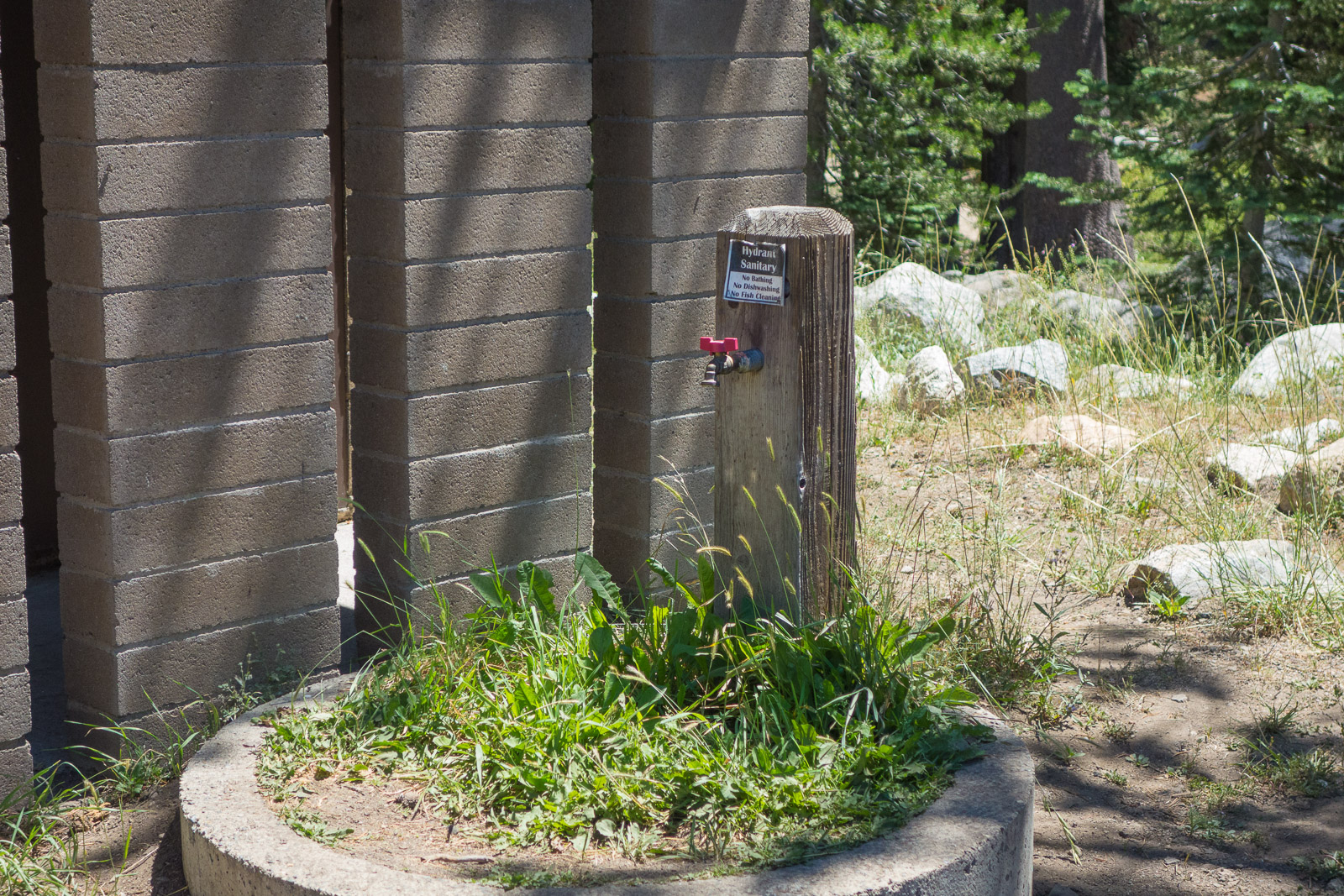 USFS had turned off this hydrant.  Last time I came by this spot, the hydrant was functioning.  Fortunately, the shut-off valve leaked, so I was able to get a dribble from the tap when I turned the red handle, enough to fill a small water bottle in about 5 minutes.  It was all I needed.