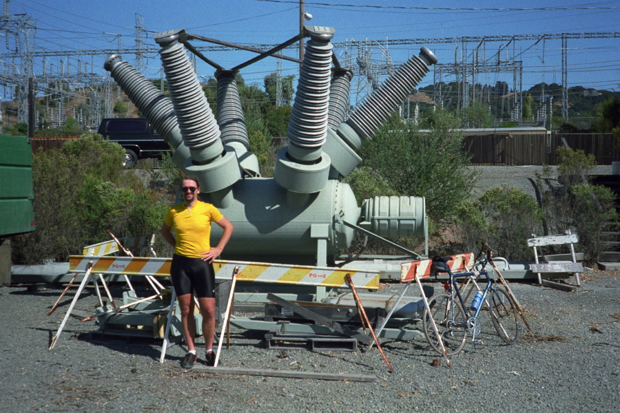 Richard models an enormous transformer at a PG&E substation near Briones Reservoir.