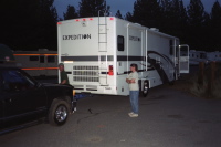 Dan unhitches his truck from the motorhome at the Mammoth RV Park.