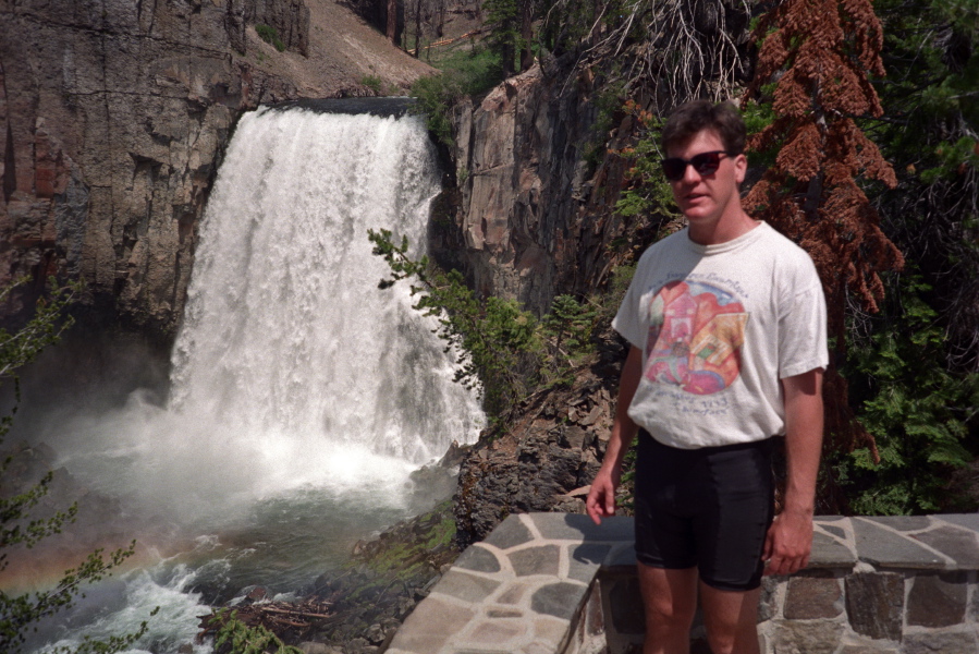 Derek at the overlook of a very full Rainbow Falls