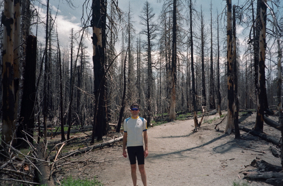 Bill on the Rainbow Falls trail through the burned forest.