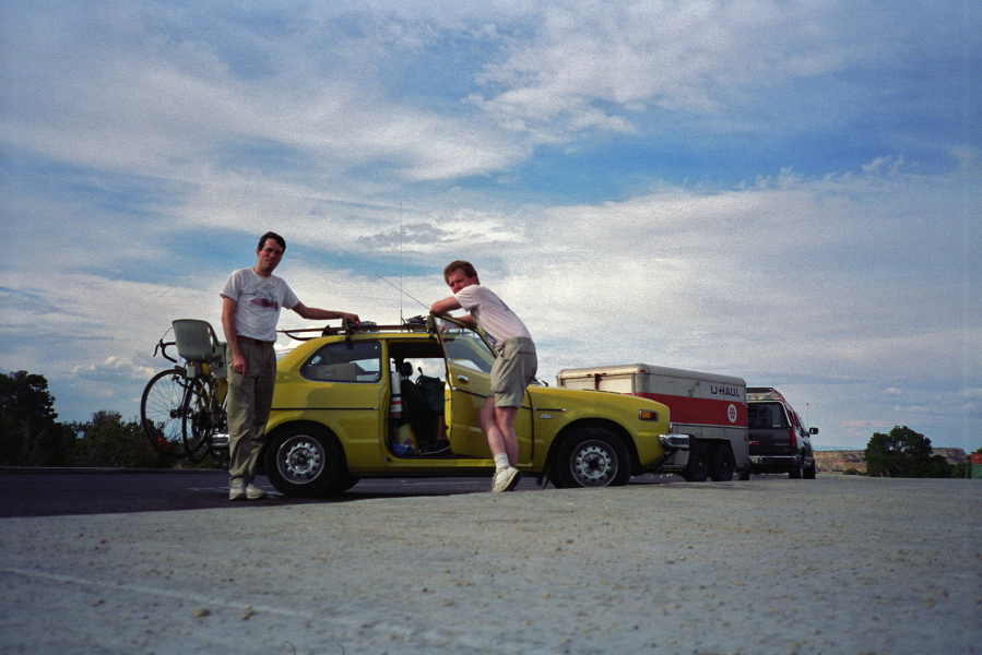 Bill and Dan take a break at a rest stop along I-70.