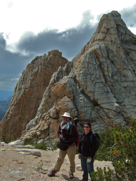 Frank and Stella stand below Echo Peaks #8 (front, 11080ft) and #9 (11040ft).