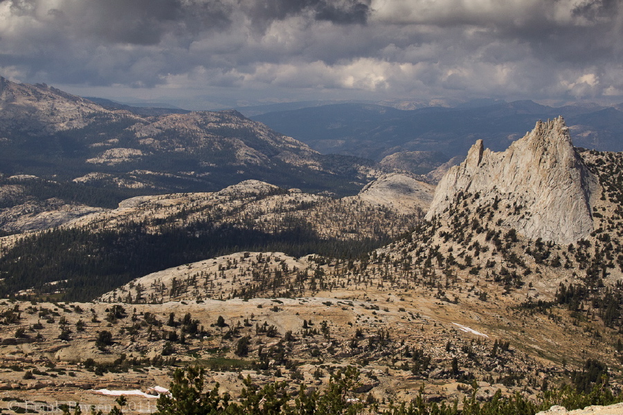 Cathedral Peak and our planned descent route to the John Muir Trail (JMT)