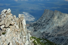 The jagged east side of Echo Ridge (left), Lembert Dome (center), and Unicorn Peak (right)