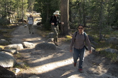 David, Bill, and Stella plod wearily down the John Muir Trail.