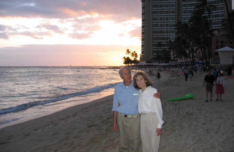 David and Kay on Waikiki Beach at sunset.
