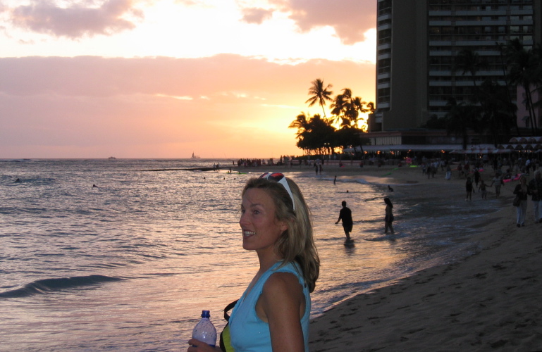 Laura on Waikiki Beach at sunset.