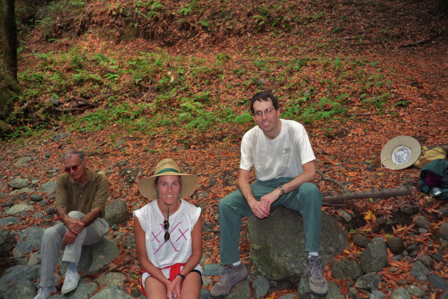 David, Laura, and Bill rest alongside Los Trancos Creek.