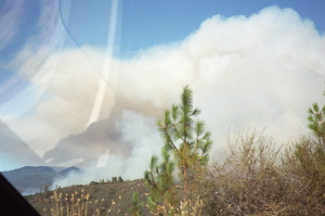 An air tanker can be seen against the smoke cloud.