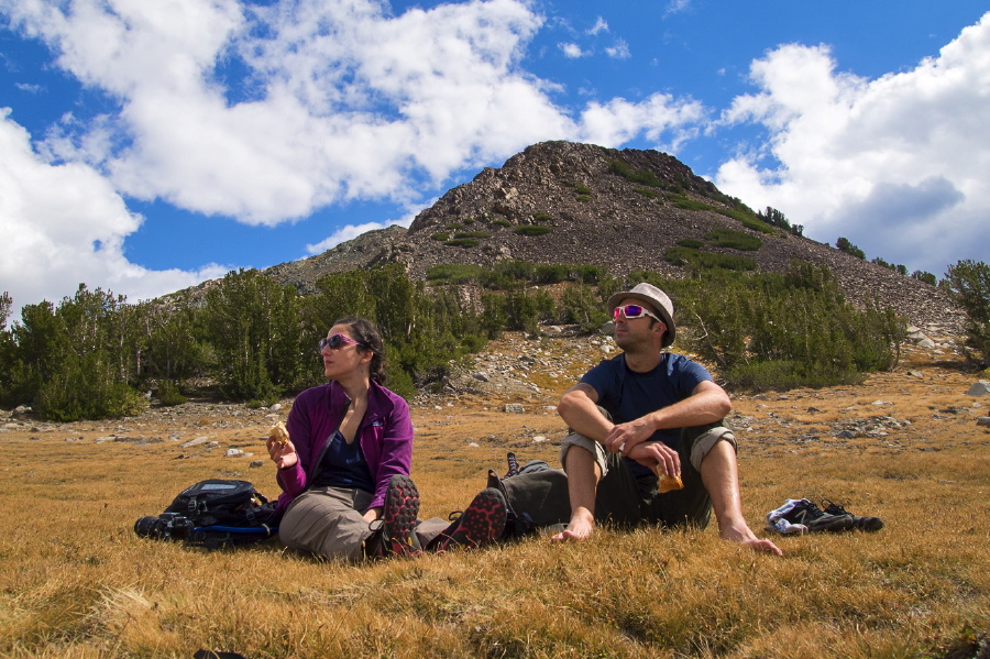 Pauline and Bogdan relax and enjoy lunch after descending from Gaylor Peak.