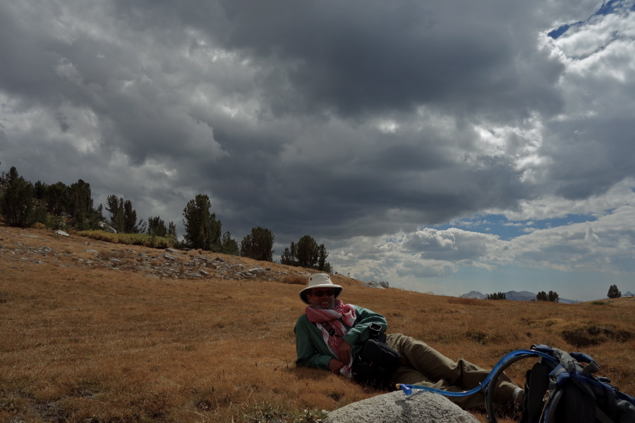 Frank relaxes on the meadow under a darkening sky.