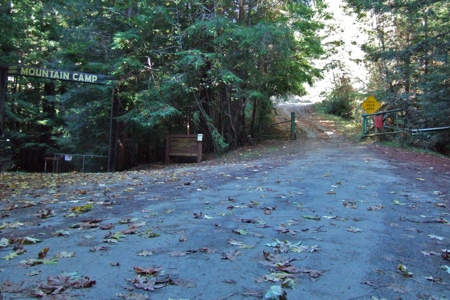 Entrance to Mountain Camp (left) and Gazos Creek Rd. (right) from the westernmost extent of macadam.
