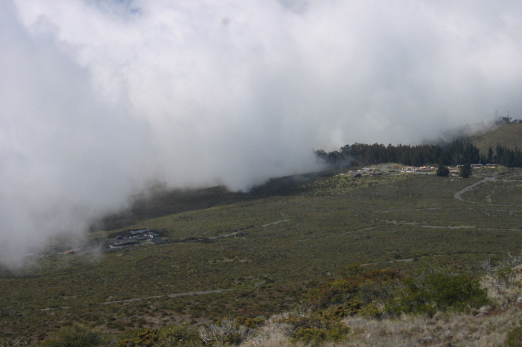 Clouds roll in over the Haleakala Park Headquarters.