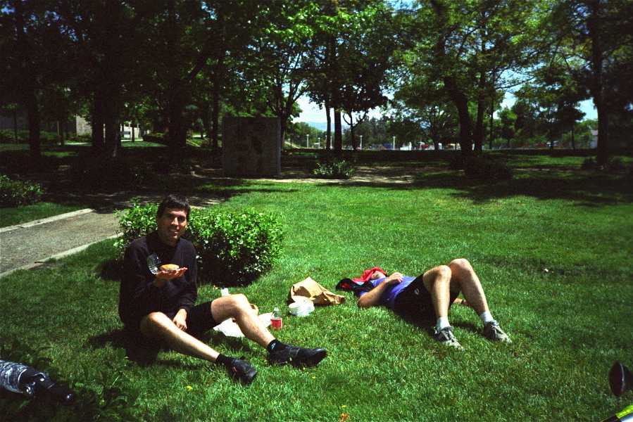 Bill and Thomas Maslen relax and enjoy lunch at the old Livermore Public Library.