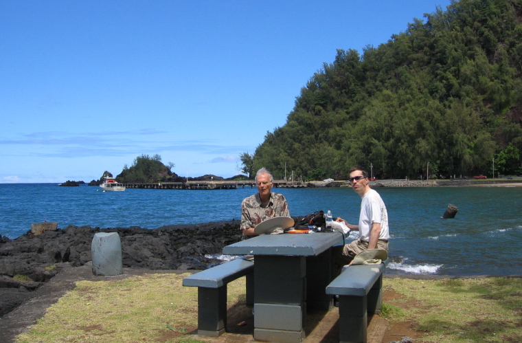 David and Bill eat lunch at Hana Harbor and Beach.