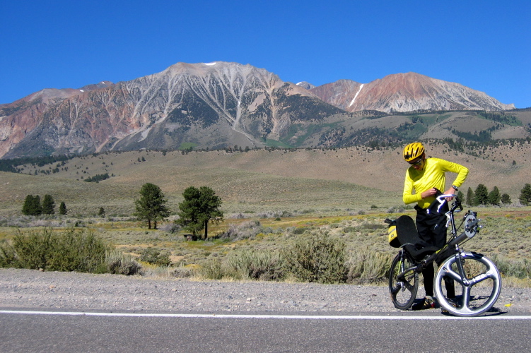 Zach Kaplan on CA158 below the slopes of Mt. Gibbs (12773ft) and Mt. Dana (13056ft), whose peak is barely visible.