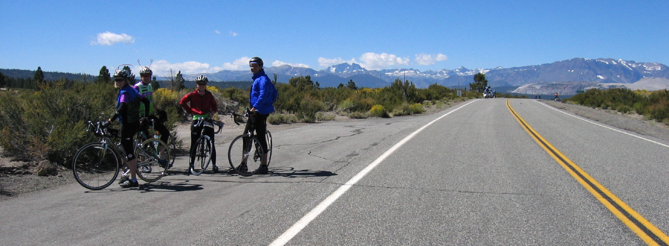 Cyclists stopped at Sagehen Summit (8140ft)