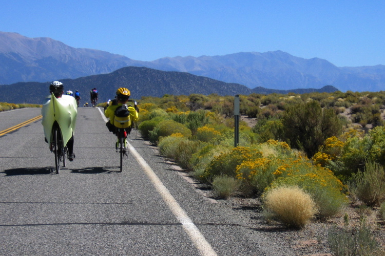 Ron and Zach ride east on CA120 through Adobe Valley (6600ft)