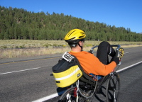 Zach rides north on US395 on his Bacchetta Aero near Smokey Bear Flat (7600ft)