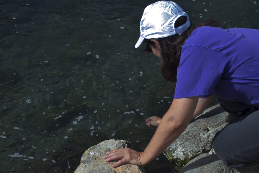 Stella dips a hand into the water.