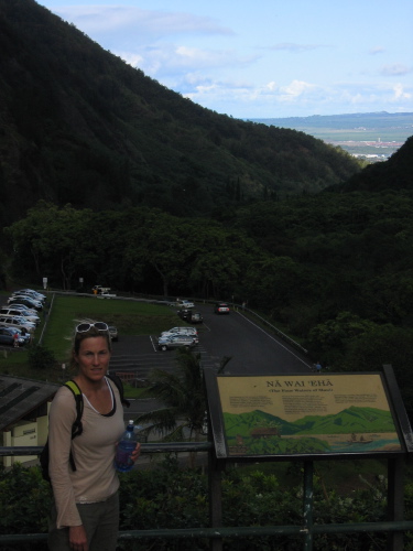 Laura in front of 'Iao Valley State Park parking lot.