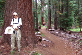 David stands in front of a large red fir tree.