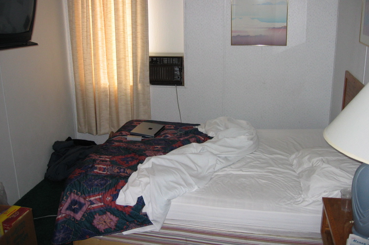 My cozy room at the Quail Park Lodge.