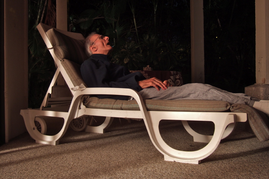 David falls asleep on the lanai to the sounds of the jungle.